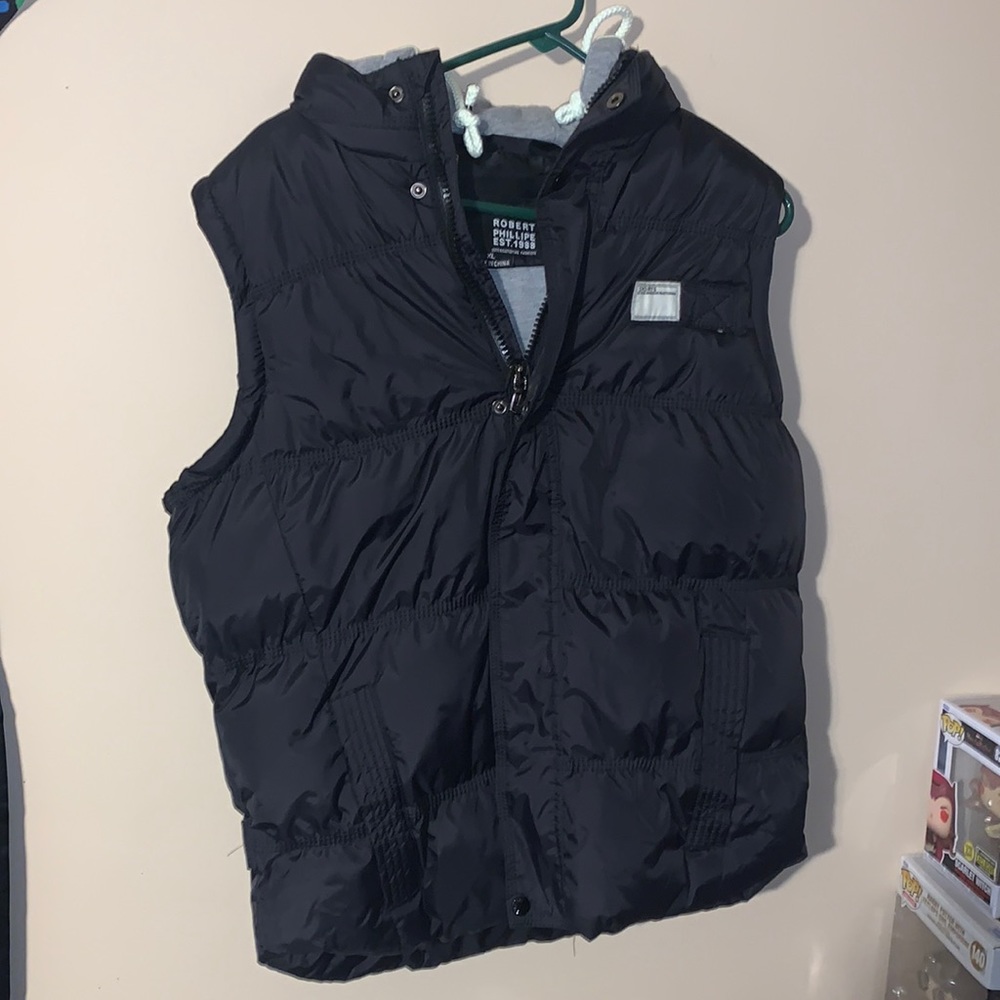 Black puffer vest with gray hood